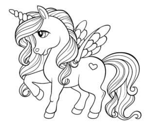 Dibujo de unicornio en blanco y negro para imprimir y colorear