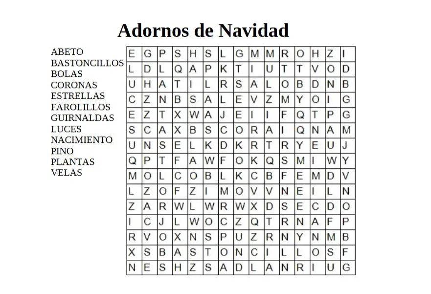 Sopa de letras con palabras relacionadas con adornos de navidad