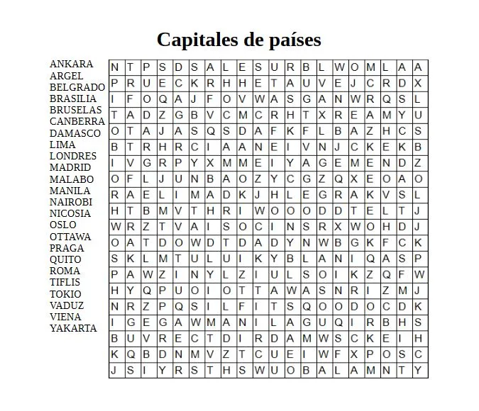 Sopa de letras con palabras relacionadas con capitales de países