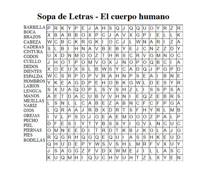 Sopa de letras con palabras relacionadas con el cuerpo humano