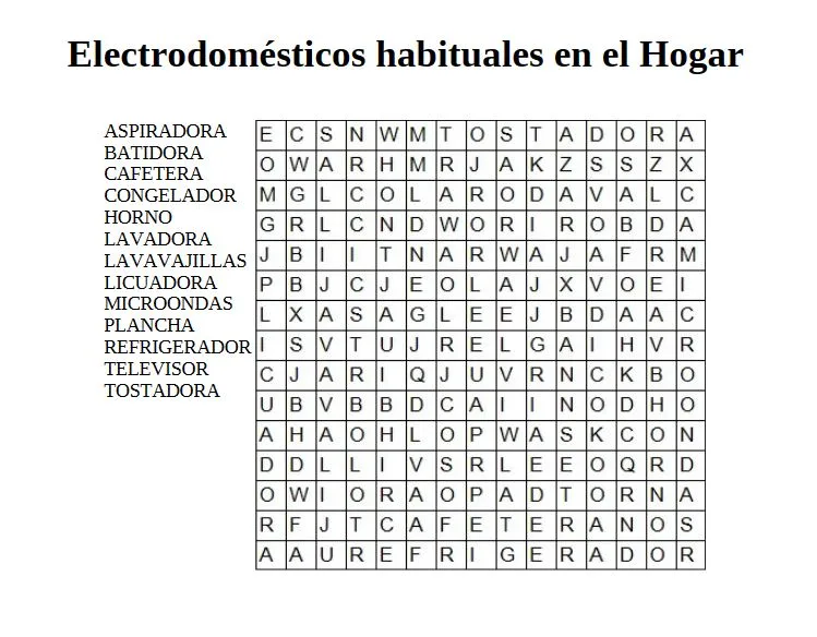 Sopa de letras con palabras relacionadas con electrodomésticos del hogar