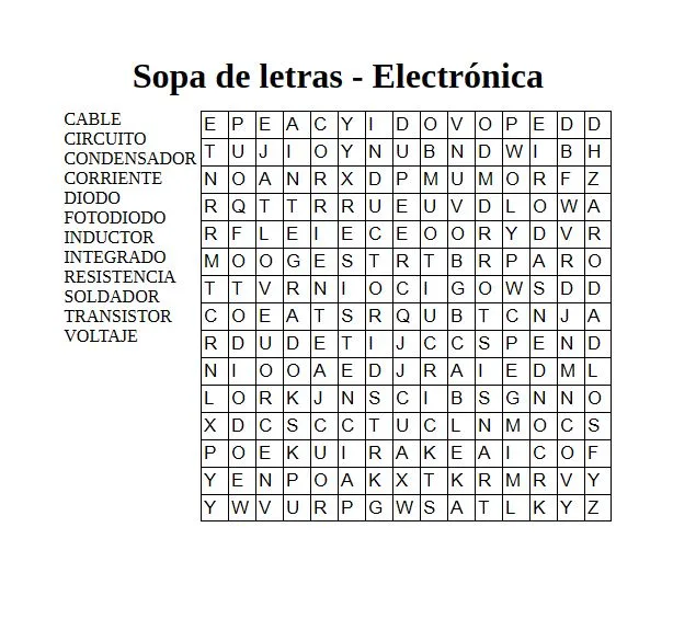 Sopa de letras con palabras relacionadas con electrónica
