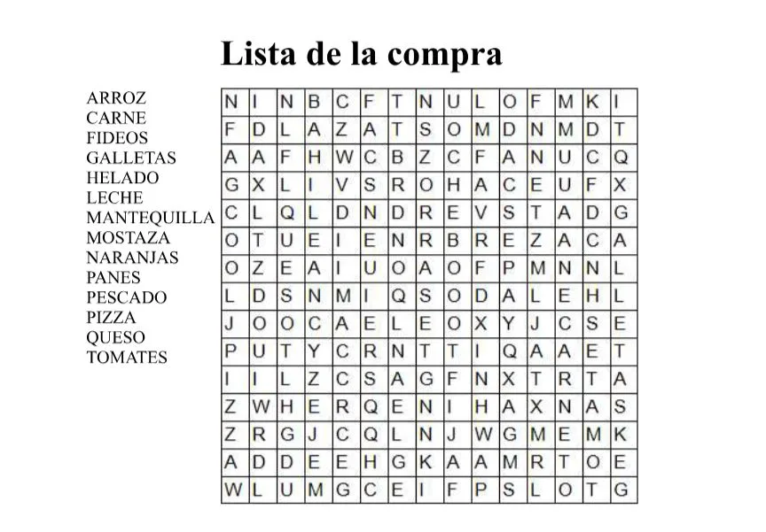 Sopa de letras con palabras relacionadas con la lista de la compra