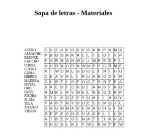 Sopa de letras con palabras relacionadas con materiales