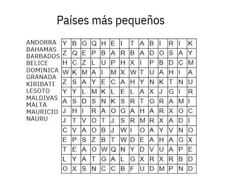 Sopa de letras con palabras relacionadas con los países más pequeños