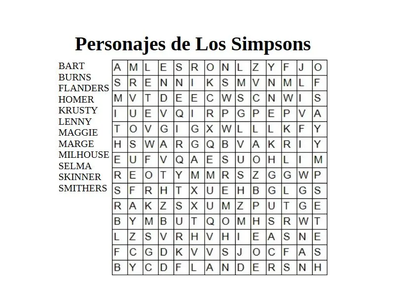 Sopa de letras con palabras relacionadas con personajes de los simpsons