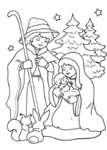 Dibujos de navidad para imprimir y colorear - La virgen María, José y el niño Jesús