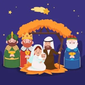 Dibujos de navidad para imprimir a color - Portal de belén con los 3 reyes magos